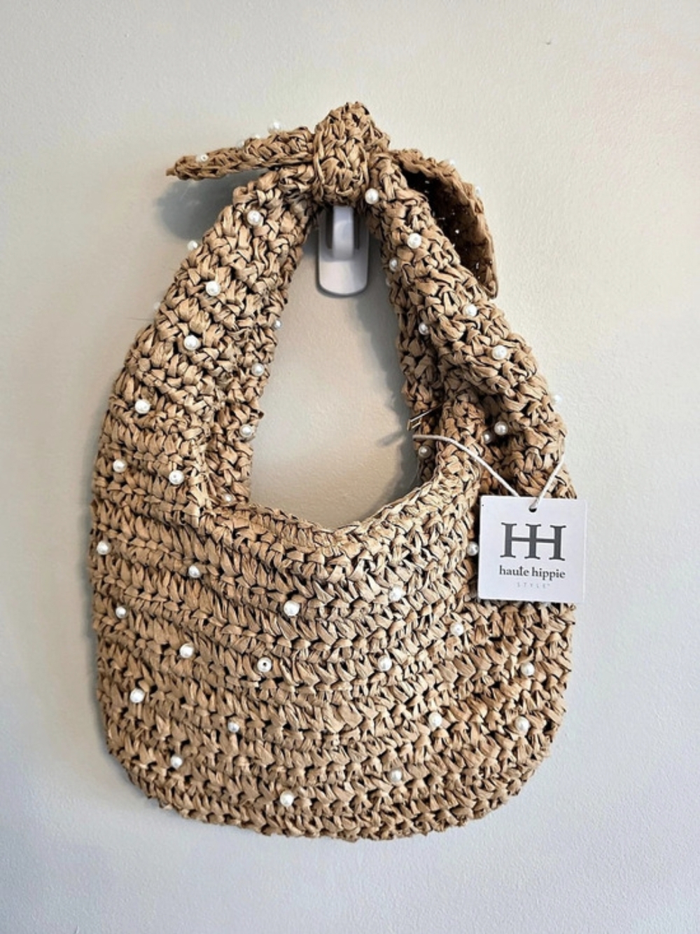 Haute Hippie Raffia Pearl Embellished Shoulder Bag